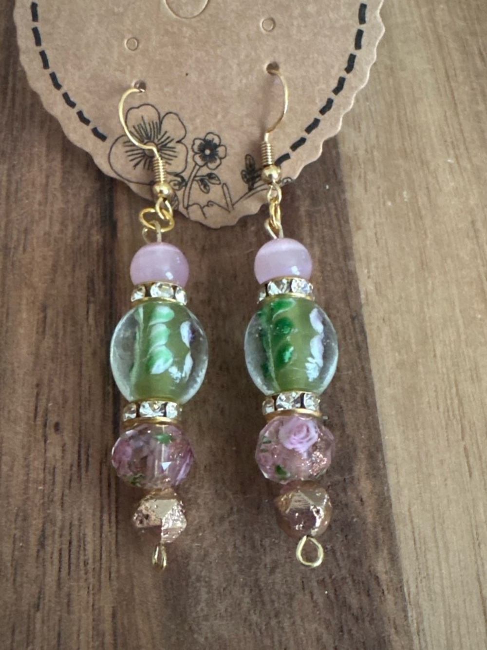 Handcrafted Green and Pink Glass Beaded Drop Earrings